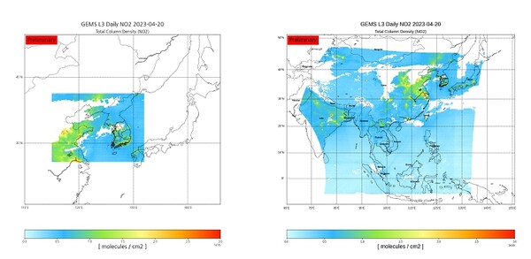 한반도 주변 2023년 4월 20일 평균 이산화질소 농도(좌), 아시아 지역 2023년 4월 20일 평균 이산화질소 농도(우).