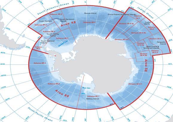 남극해 협약수역. 총 면적 35,716,100 km2으로, 전 세계 해양 표면적(약 3억 6천km2)의 10% 차지.