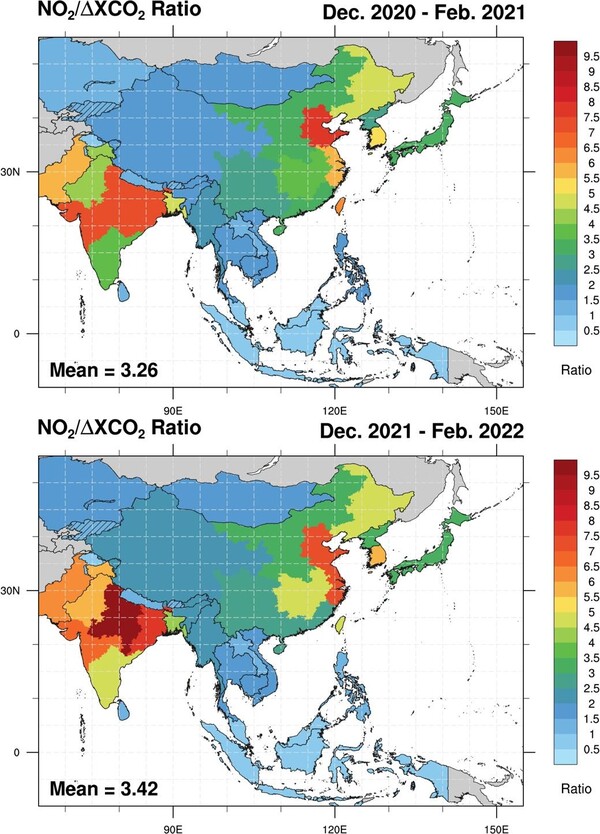 2021년(위) 및 2022년(아래) 겨울철의 배출특성비율(NO2/CO2) 공간분포.